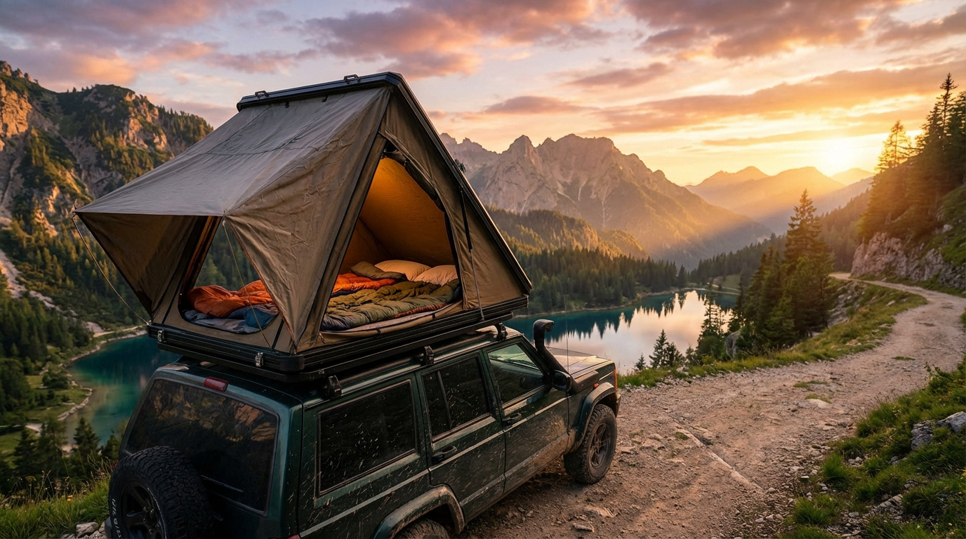 Tente de toit ouverte sur un 4x4 vert, couchage visible, surplombant un lac et des montagnes au coucher du soleil sur un chemin de terre.