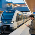 Un homme consulte son smartphone sur le quai d'une gare RER C moderne, avec un train à quai et d'autres passagers en arrière-plan.
