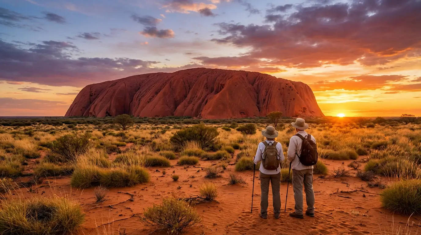 Visiter Uluru : conseils pour explorer le Centre Rouge Deux randonneurs font face à Uluru au coucher du soleil, un spectacle majestueux de couleurs chaudes sur le rocher et le ciel.