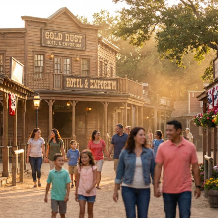 Scène de ville Western au coucher du soleil avec des familles se promenant devant des bâtiments en bois, dont l'hôtel Gold Dust.