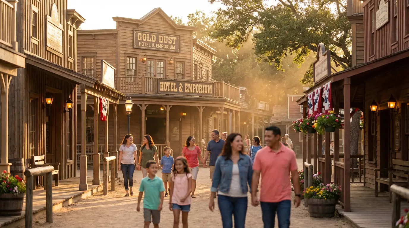Scène de ville Western au coucher du soleil avec des familles se promenant devant des bâtiments en bois, dont l'hôtel Gold Dust.