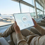 Voyageur dans un salon d'aéroport, tenant une tablette affichant "Check-in Complete", avec un avion visible à travers la fenêtre.