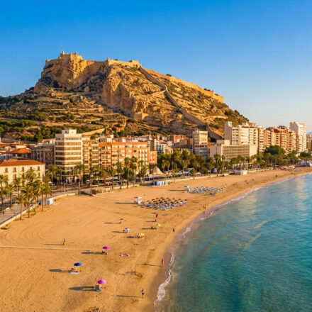 Paysage d'Alicante : longue plage de sable fin bordée de palmiers et de bâtiments, mer turquoise et château sur la montagne.