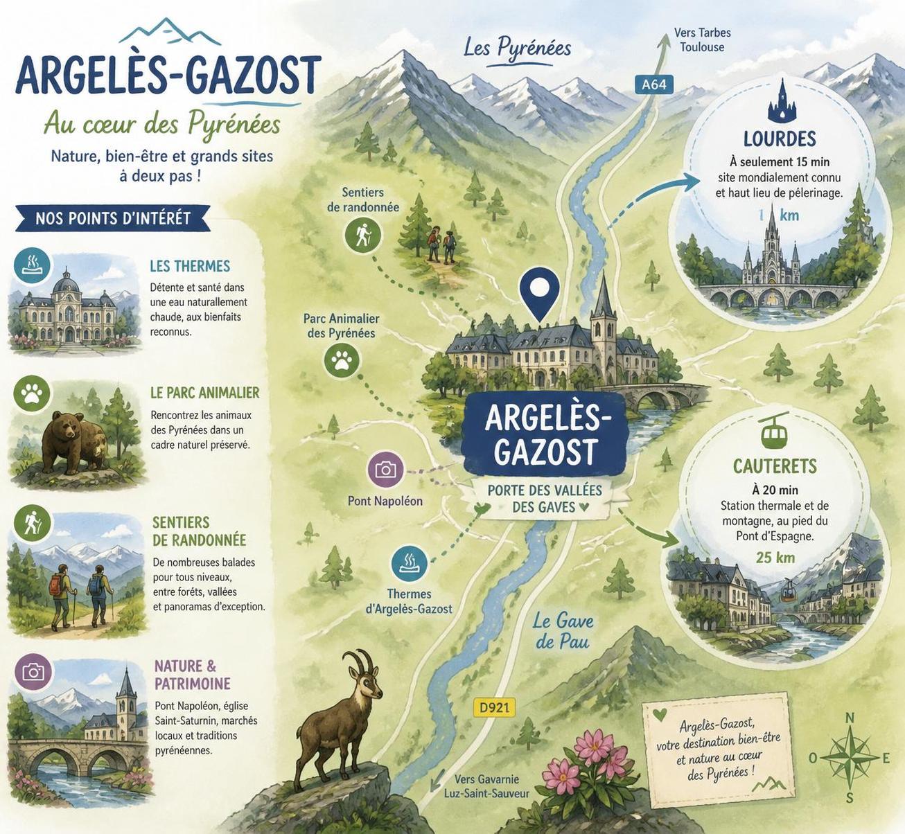 découvrez argèles-gazost, charmant village thermal niché au cœur des pyrénées, idéal pour une escapade bien-être et nature.
