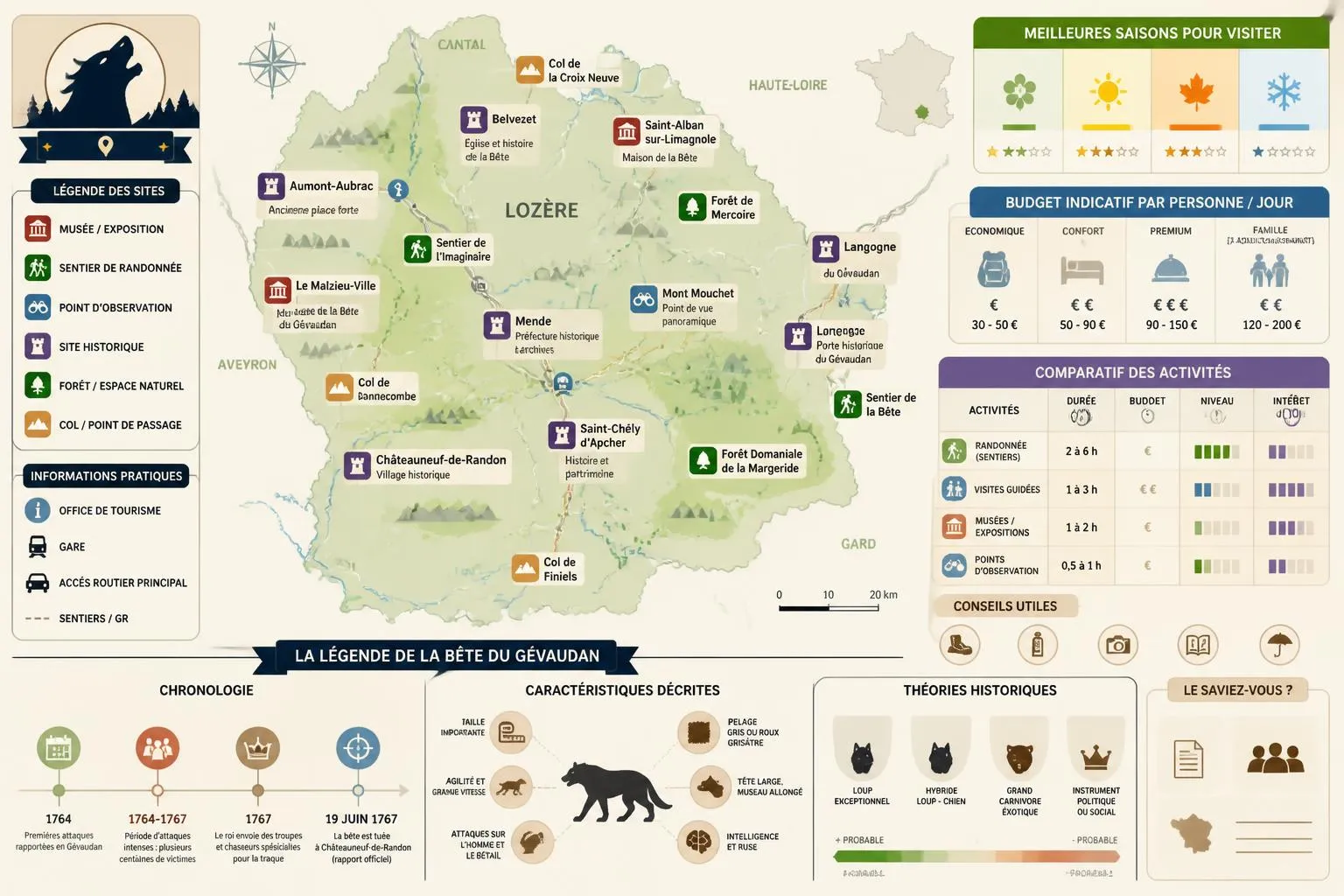 Bête du Gévaudan : histoire et lieux à visiter en Lozère découvrez l'histoire fascinante de la bête du gévaudan et les lieux incontournables à visiter en lozère pour plonger au cœur de ce mystère légendaire.