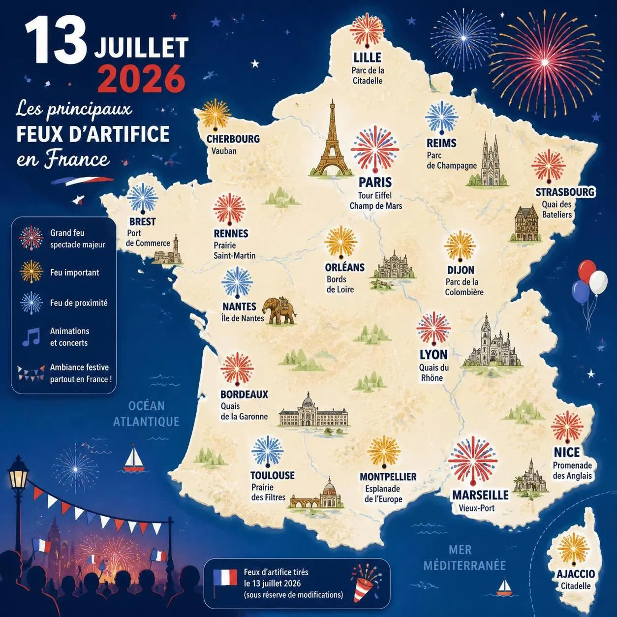 découvrez le programme des feux d'artifice du 13 juillet 2026 dans les principales villes, ainsi que nos conseils pour profiter pleinement de ces spectacles lumineux en toute sécurité.