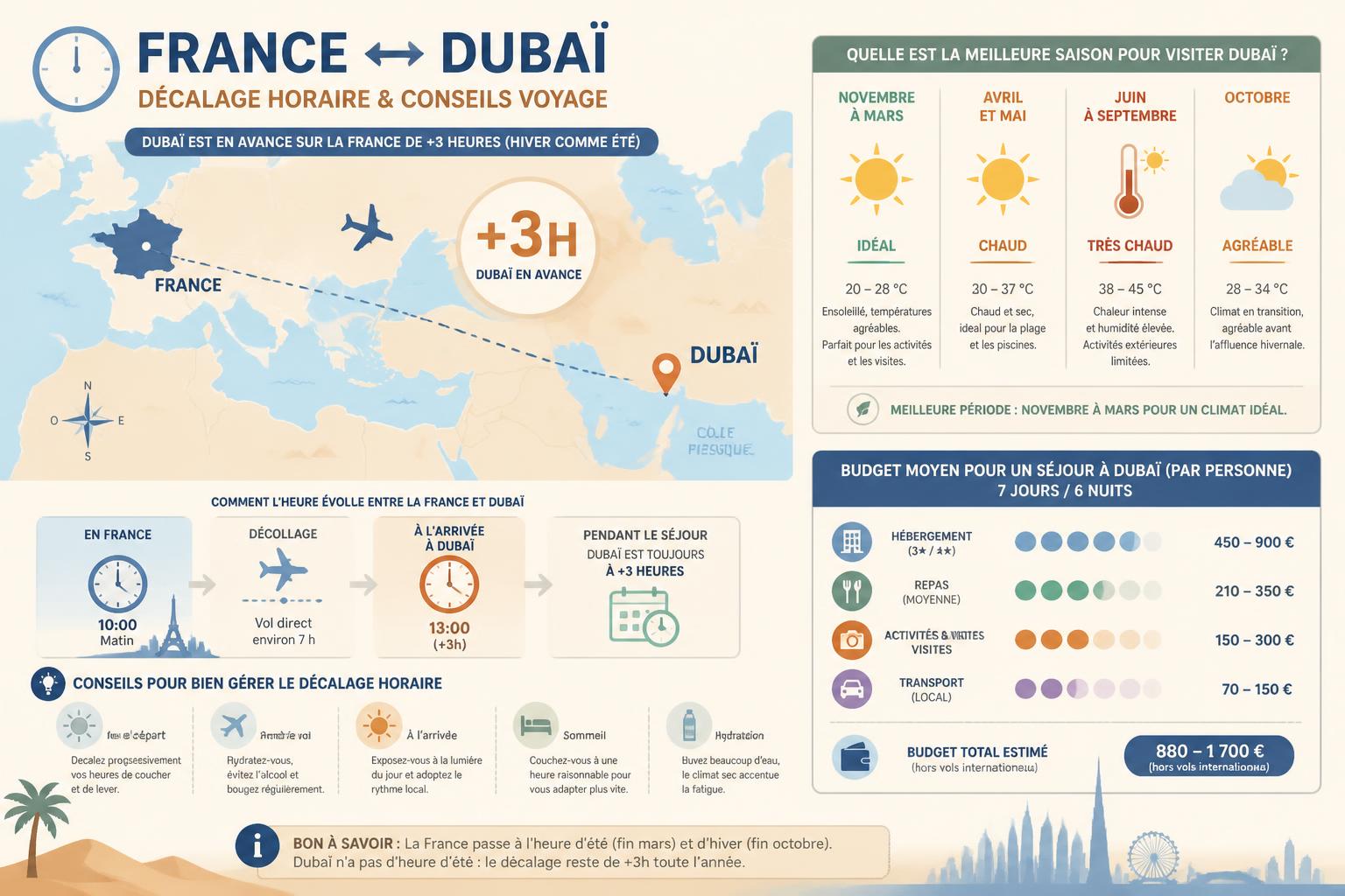 Heure à Dubaï : décalage horaire et conseils voyage découvrez l'heure actuelle à dubaï, son décalage horaire par rapport à la france, et obtenez des conseils pratiques pour organiser votre voyage en toute sérénité.