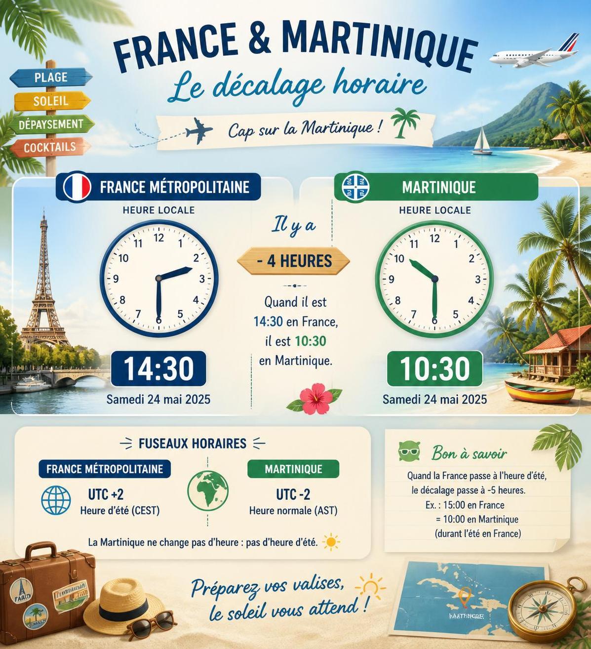 découvrez l'heure actuelle en martinique et comprenez facilement le décalage horaire avec la france pour mieux planifier vos communications et voyages.