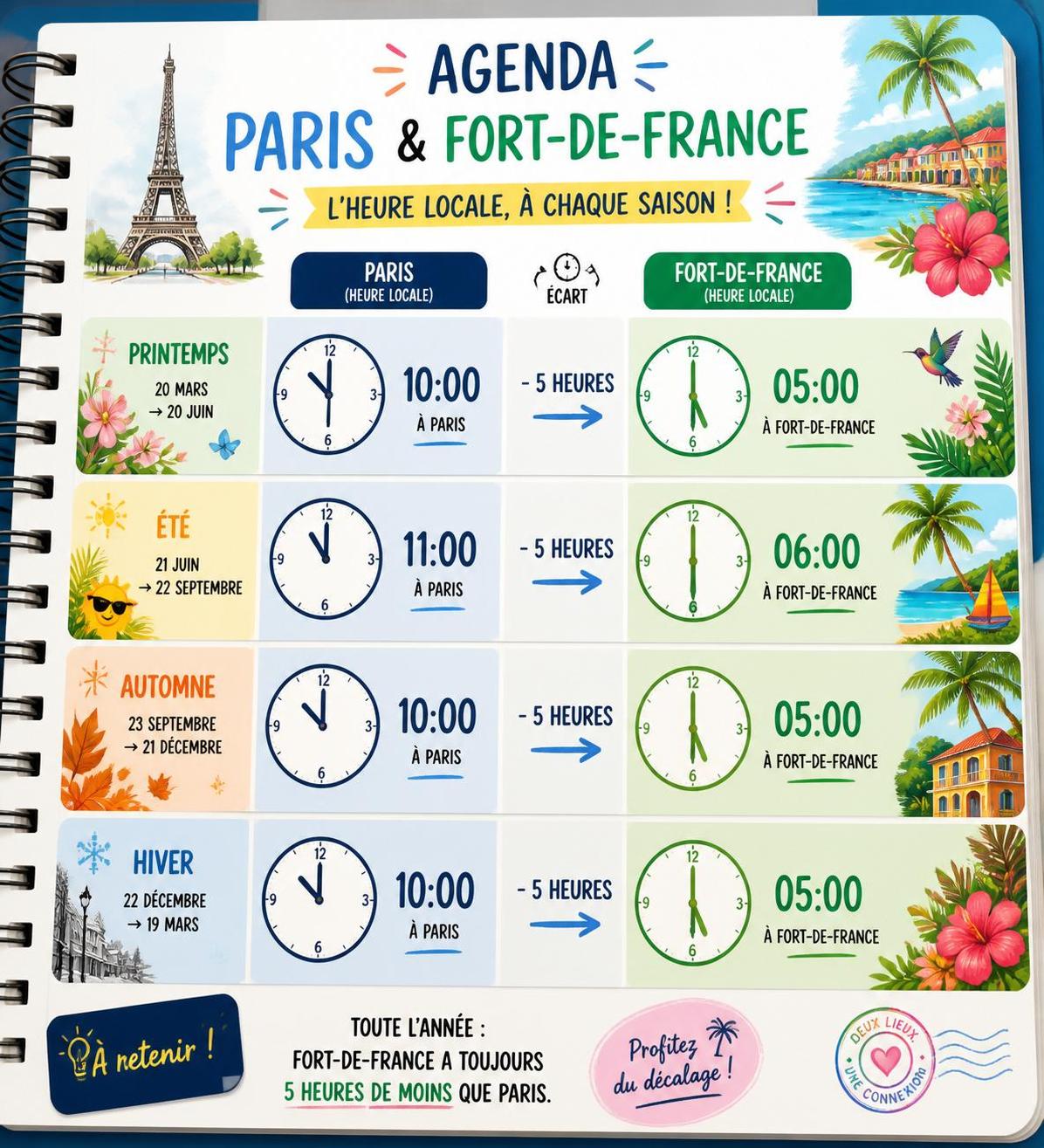 découvrez l'heure actuelle en martinique et comprenez facilement le décalage horaire avec la france pour mieux organiser vos communications et voyages.