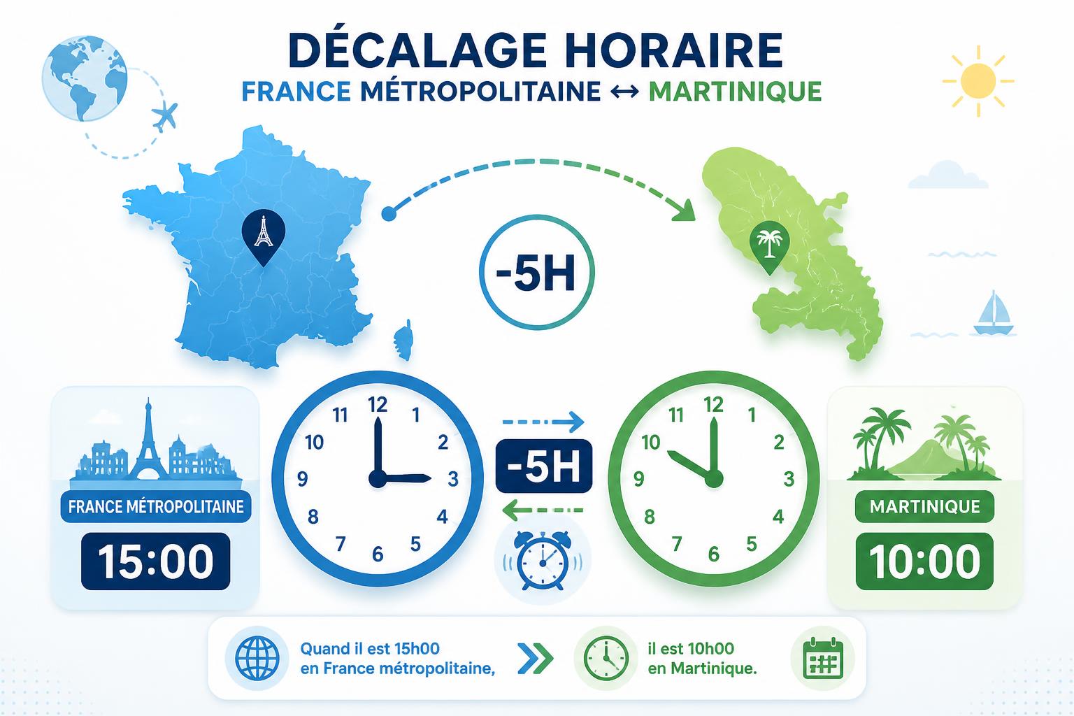 découvrez l'heure actuelle en martinique et comprenez facilement le décalage horaire avec la france pour mieux planifier vos communications et voyages.