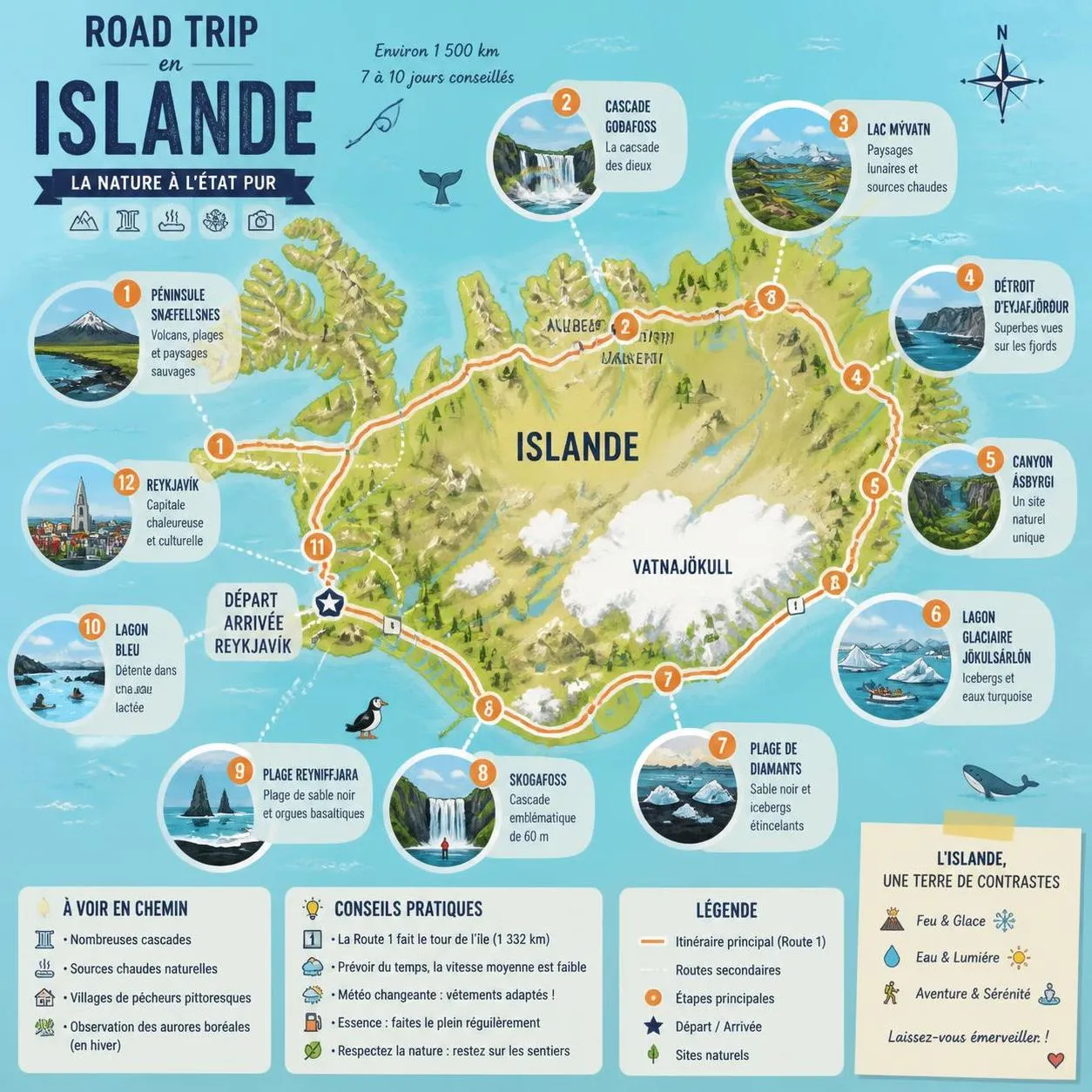 découvrez les incontournables de l'islande avec notre itinéraire unique, pour un voyage inoubliable entre paysages volcaniques, cascades majestueuses et aurores boréales.