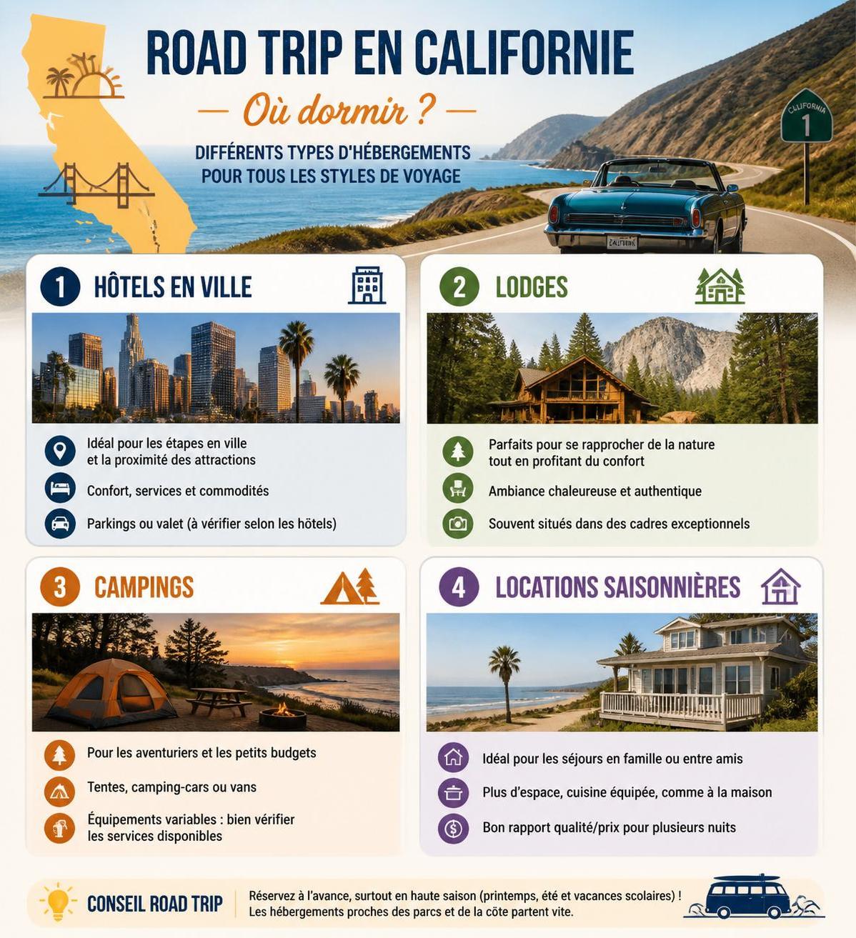 découvrez nos conseils pratiques et itinéraires incontournables pour un road trip inoubliable en californie, entre plages, parcs nationaux et villes emblématiques.