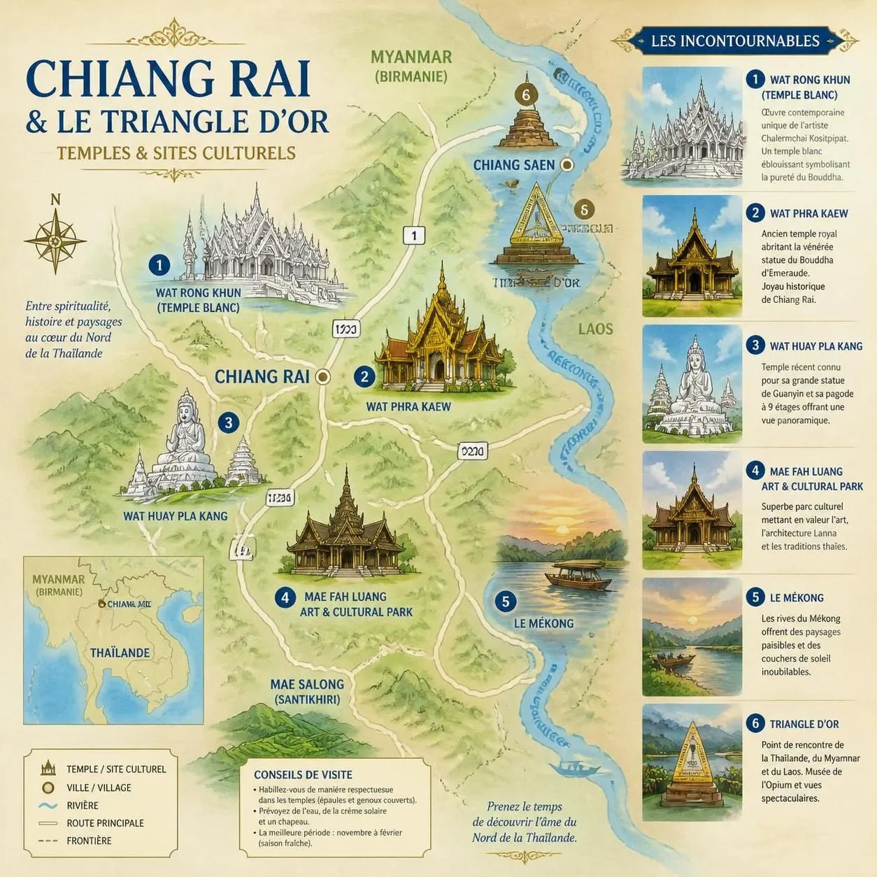 découvrez chiang rai, ses temples emblématiques et le célèbre triangle d'or grâce à notre guide de visite complet pour une expérience inoubliable.