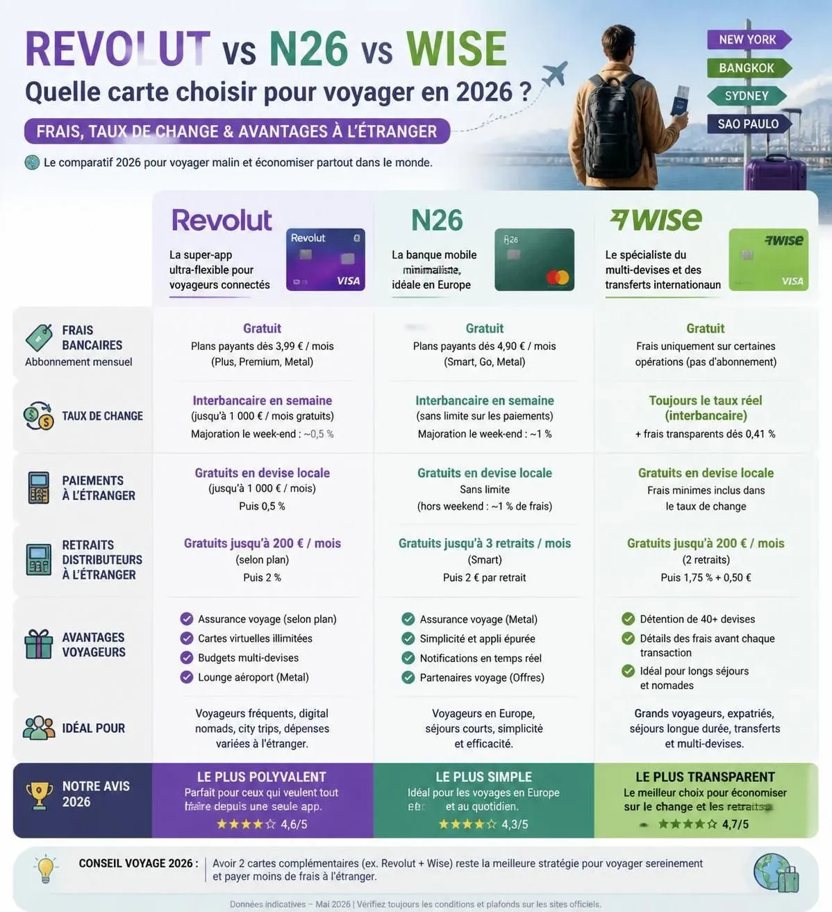 découvrez quelle carte bancaire choisir en 2026 pour voyager : revolut, n26 ou wise. comparez leurs avantages, frais et services pour optimiser vos paiements à l'étranger.