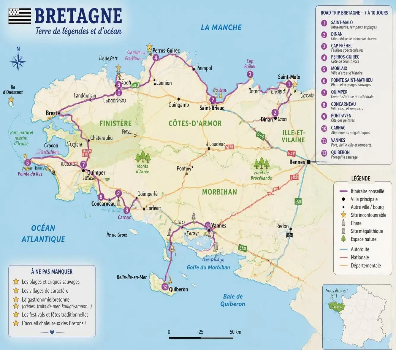 découvrez la carte détaillée de la bretagne avec le finistère, le morbihan et un itinéraire complet pour organiser facilement votre séjour inoubliable en bretagne.