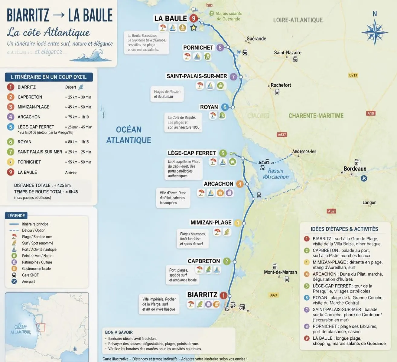 découvrez les étapes incontournables le long de la côte atlantique française, de biarritz à la baule, pour un voyage entre plages, culture et gastronomie.
