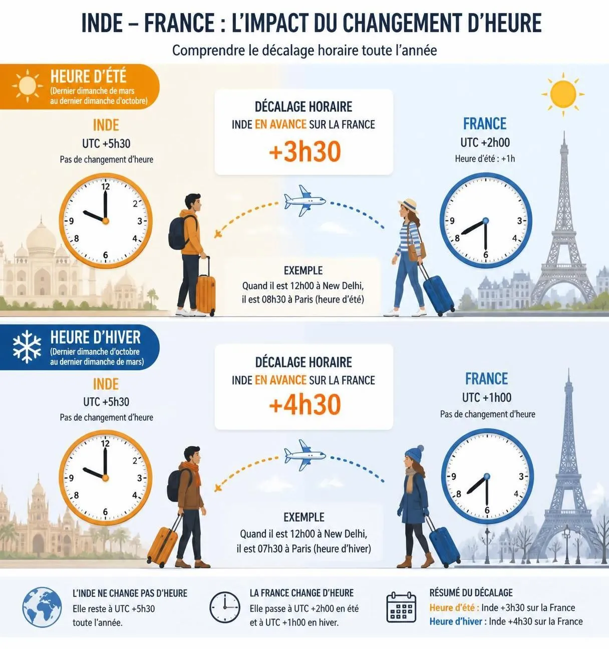 découvrez le décalage horaire entre l'inde et la france, qui varie entre +3h30 et +5h30 selon la saison, pour bien planifier vos communications et voyages.