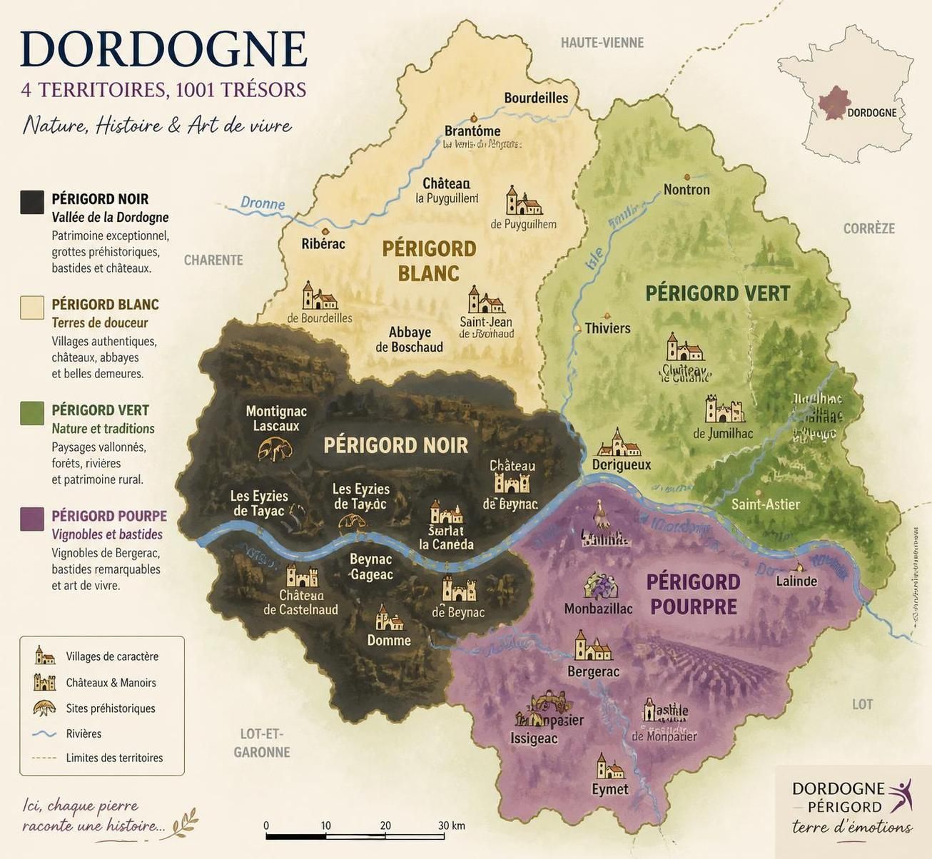 découvrez la carte détaillée de la dordogne avec ses célèbres régions du périgord noir et blanc, ainsi que les zones clés à visiter pour un séjour inoubliable.