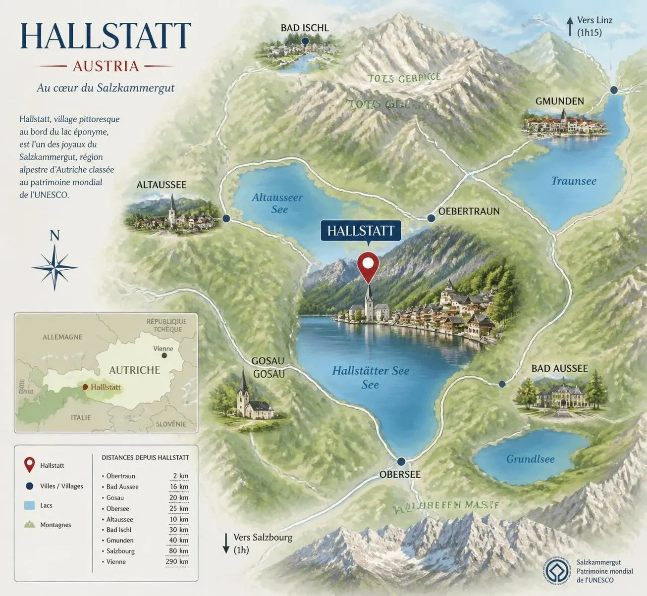 découvrez hallstatt, village classé au patrimoine mondial de l'unesco en autriche, célèbre pour ses anciennes mines de sel, son lac pittoresque et son charme authentique.