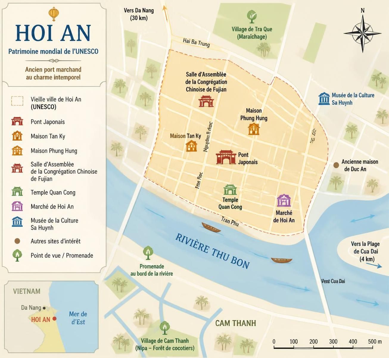 découvrez hoi an au vietnam, célèbre pour ses lanternes colorées, ses tailleurs artisanaux et son patrimoine classé au patrimoine mondial de l'unesco. une destination incontournable alliant tradition et charme historique.