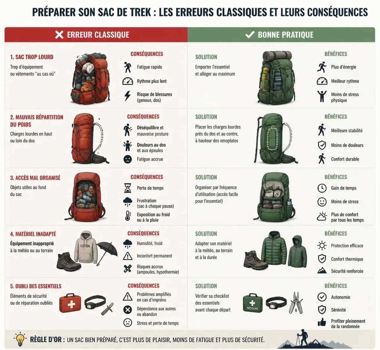 découvrez comment préparer efficacement votre sac de trek avec notre liste complète d'équipements essentiels et apprenez à éviter les erreurs courantes pour une aventure réussie.