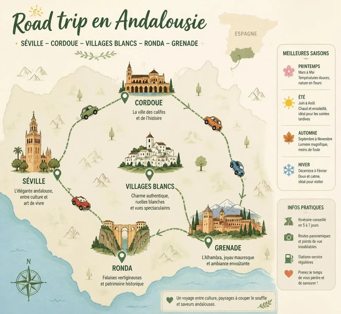 découvrez un road trip en andalousie de séville à grenade avec notre itinéraire détaillé et les incontournables à ne pas manquer pour une aventure inoubliable.