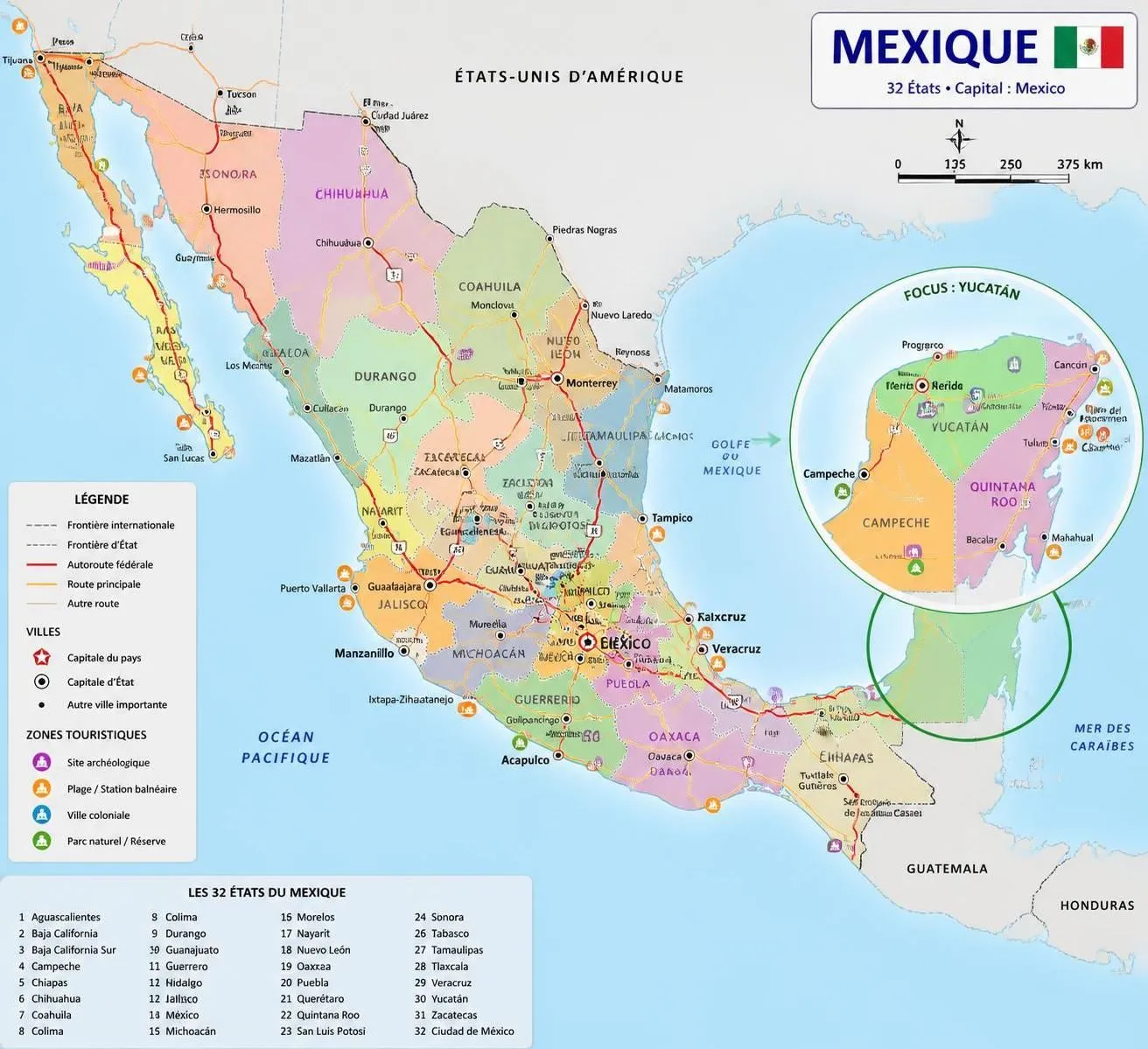 découvrez la carte du mexique avec ses états, la péninsule du yucatán et les grandes régions incontournables pour bien préparer votre voyage.