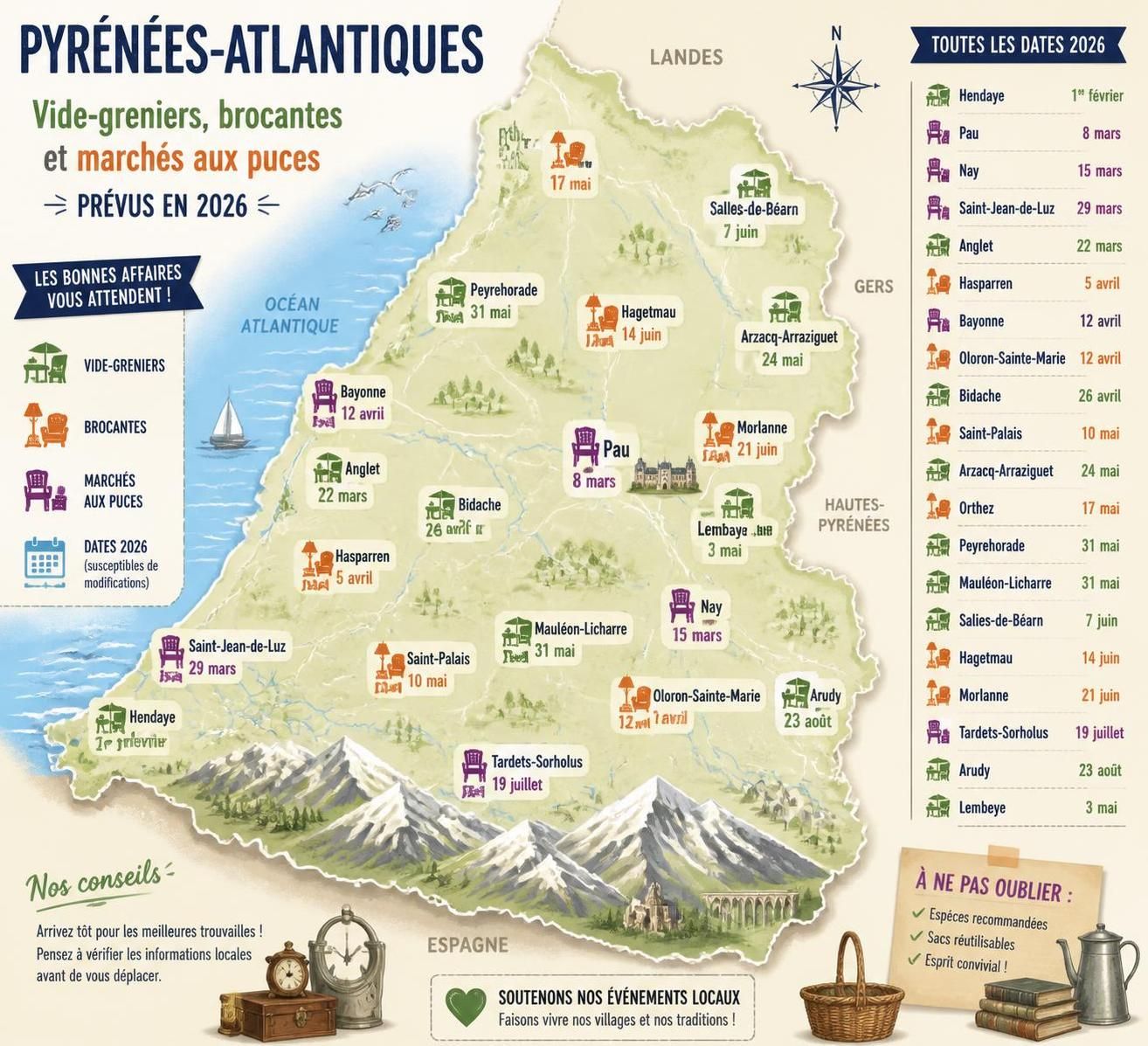 découvrez le calendrier 2026 des vide-greniers et marchés aux puces dans les pyrénées-atlantiques (64). ne manquez aucun événement pour chiner et dénicher des trésors toute l'année.