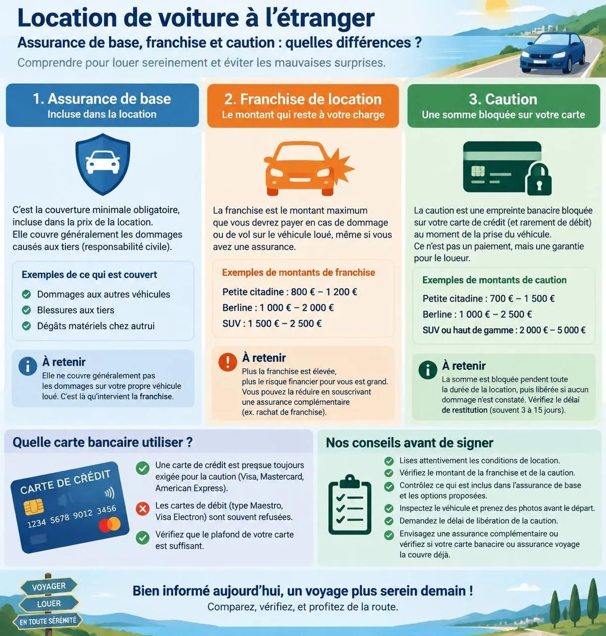 louez une voiture à l’étranger sans mauvaises surprises : évitez les frais cachés, choisissez la bonne assurance et comparez les offres pour payer moins cher.