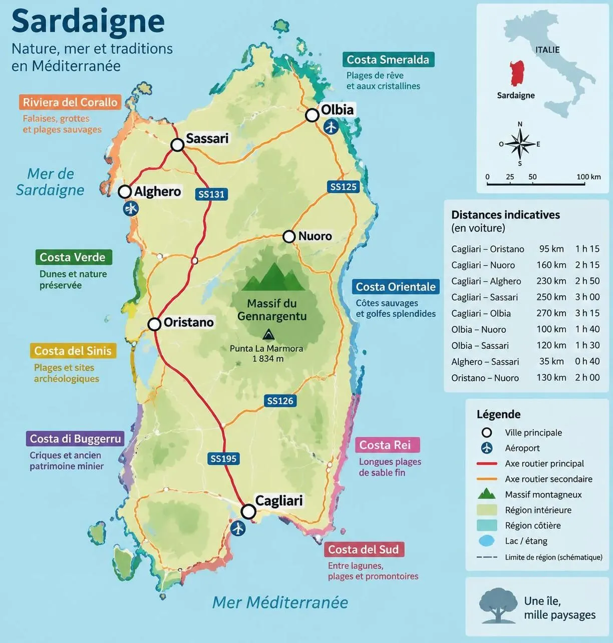 explorez la carte de la sardaigne : repérez ses plus belles côtes, découvrez l’intérieur des terres et trouvez les villages à ne pas manquer.