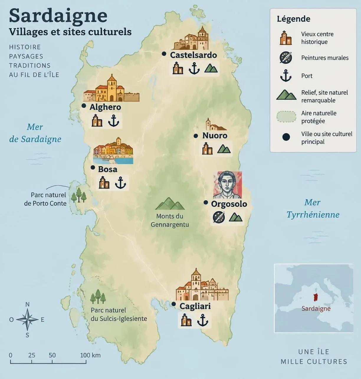 explorez la carte de la sardaigne : repérez ses plus belles côtes, son arrière-pays sauvage et ses villages incontournables pour préparer votre voyage.